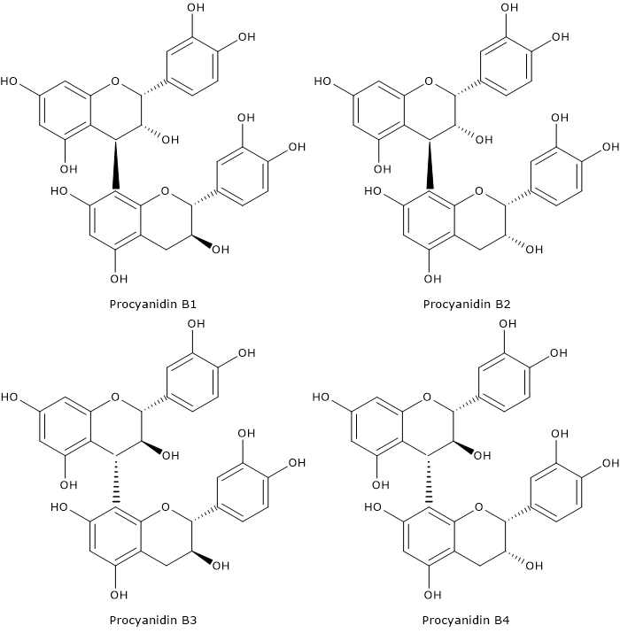 Skeletal formulas of procyanidin B1, B2, B3, and B4