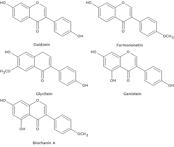 Basic skeleton structure of isoflavones genistein, daidzein, glycitein, biochanin A, formononetin