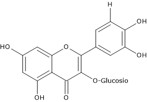 Formula di struttura della quercetina-3-glucoside, un flavonolo e uno dei polifenoli dell'uva