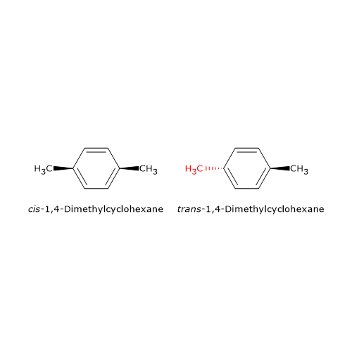 Example of geometric isomerism: trans-1,4-dimethylcyclohexane and cis-1,4-dimethylcyclohexane
