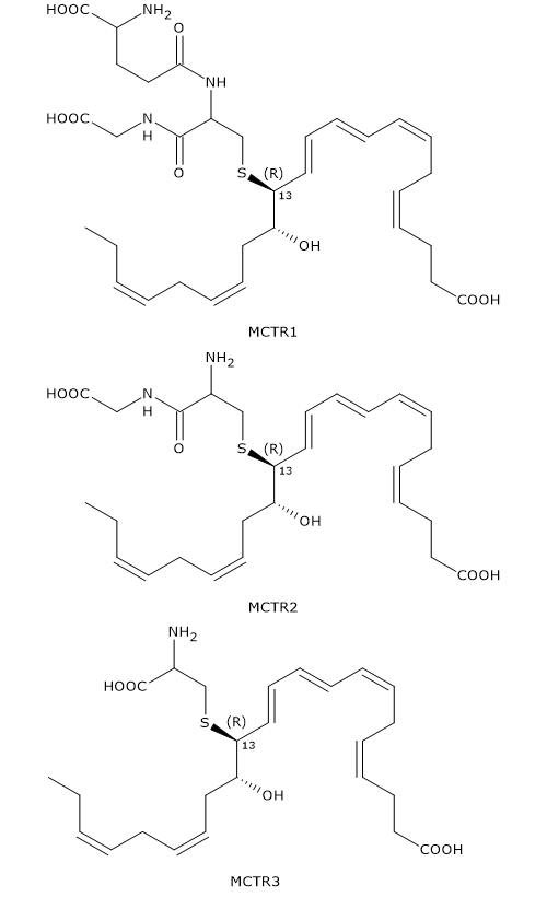 Skeletal formulas of derivatives of Maresins: Maresin conjugates in tissue regeneration or MCTRs