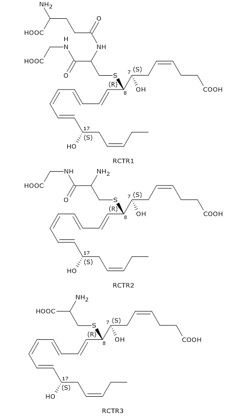 Skeletal formulas of derivatives of Resolvins: Resolvin Conjugates in Tissue Regeneration or RCTRs