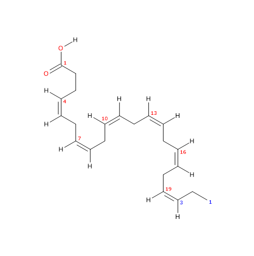 Skeletal formula of docosahexaenoic acid or DHA, an omega-3 PUFA