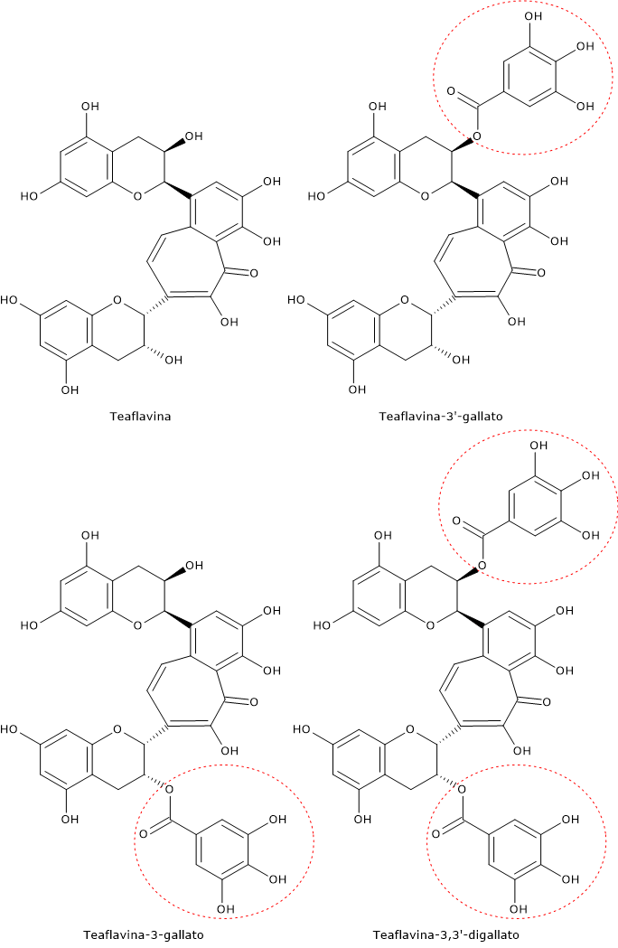 Formule di struttura delle teaflavine, dimeri di catechine presenti nel tè nero