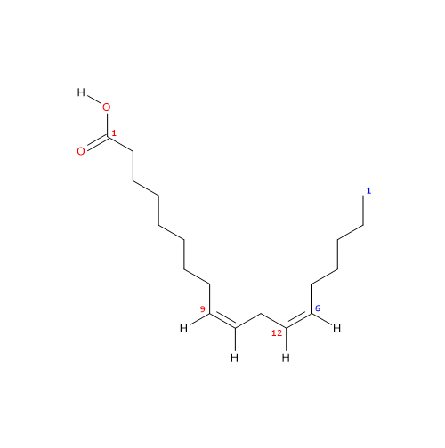 Skeletal formula of linoleic acid, an omega-6 essential fatty acid