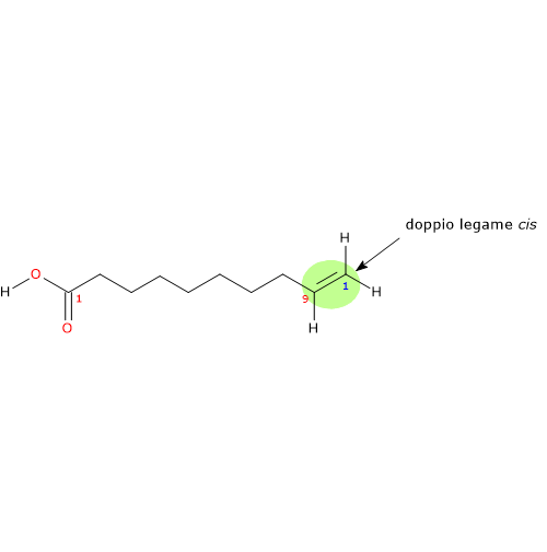 Formula di struttura dello acido caproleico, acido grasso insaturo