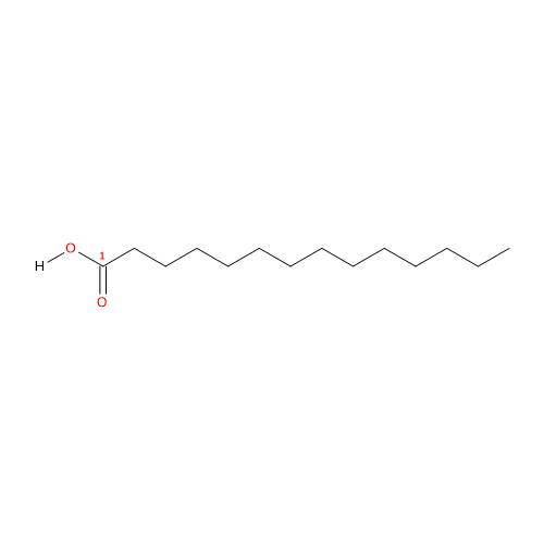 Formula di struttura dello acido miristico, un acido grasso saturo