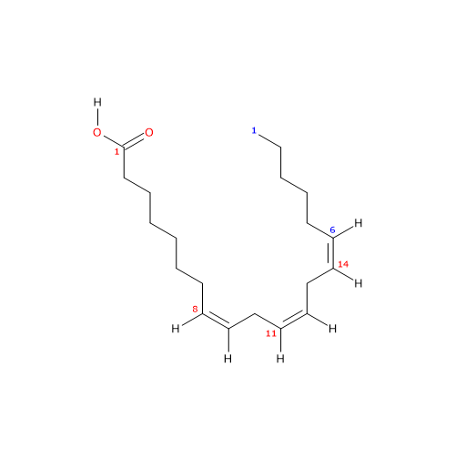 Skeletal formula of dihomo-gamma-linolenic acid, omega-6 fatty acid