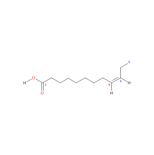 Skeletal formula of lauroleic acid, an unsaturated fatty acid