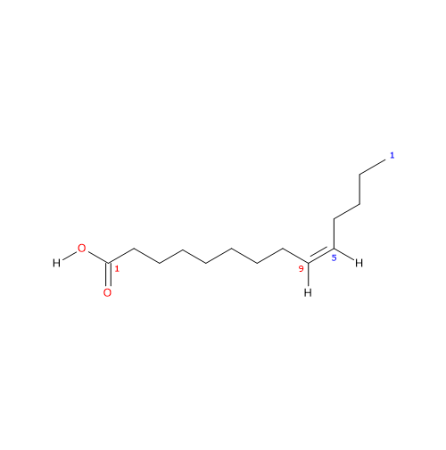 Skeletal formula of myristoleic acid, an unsaturated fatty acids