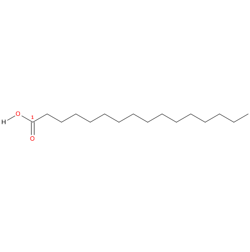Skeletal formula of palmitic acid, a saturated fatty acid