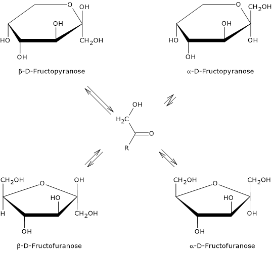 Structural formulas, drawn in Haworth projections, of fructose isomers