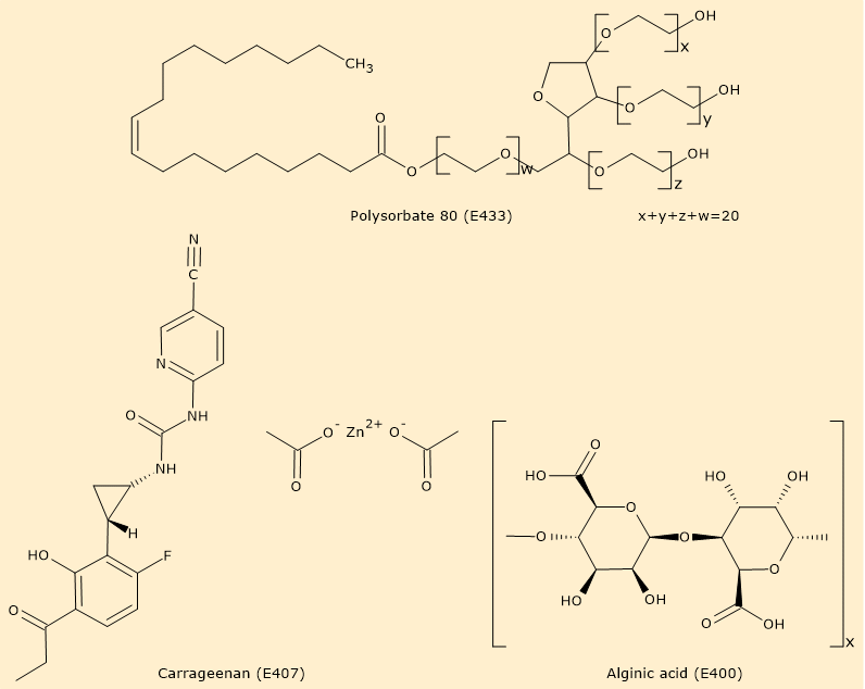 Skeletal formula of some emulsifiers: alginic acid (E400), carrageenan (E407), and polysorbate 80 (E433).