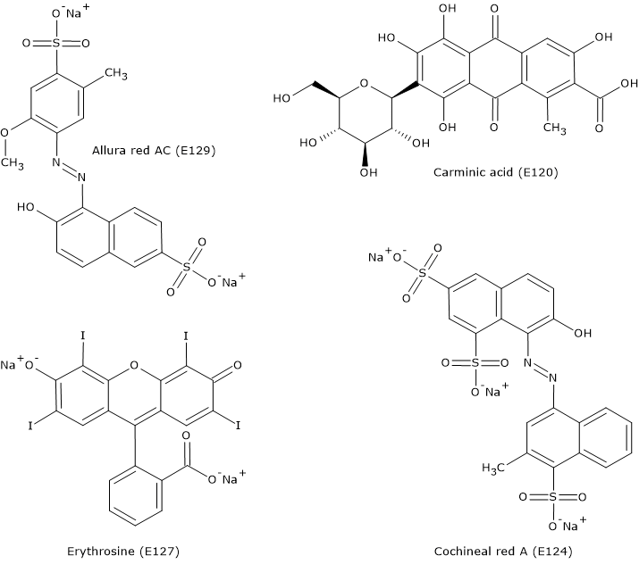 Skeletal formulas of four colours used in food: Allura red AC (E129), carminic acid (E120), erythrosine (E127), and cochineal red A (E124)