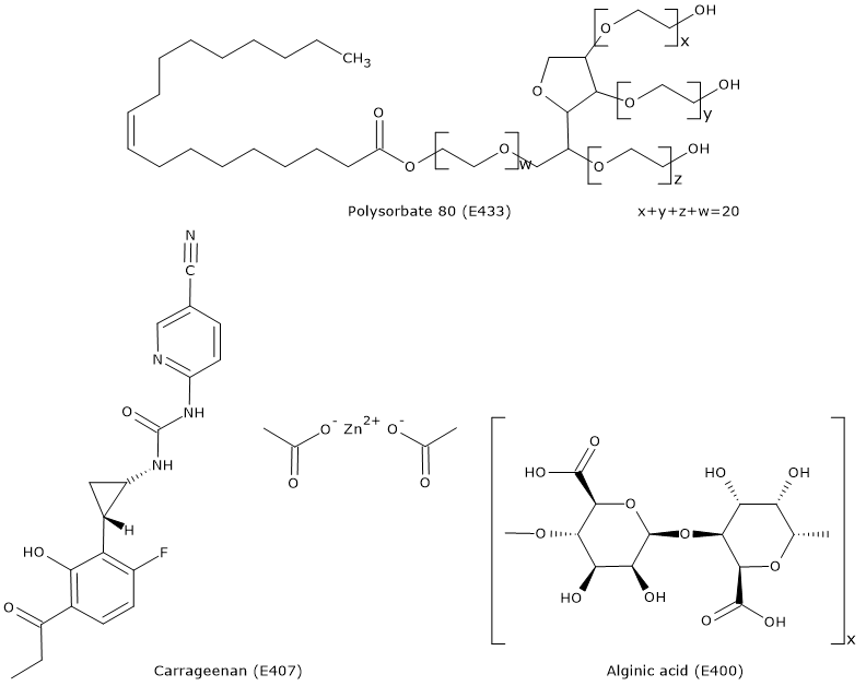 Skeletal formulas of emulsifiers used in food, such as alginic acid, carrageenan, and polysorbate 80.
