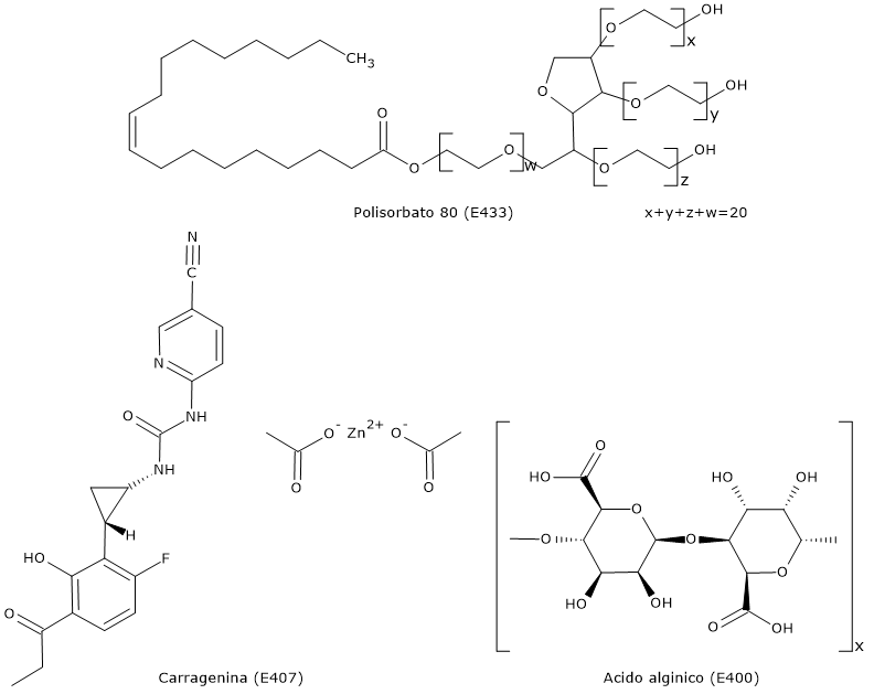 Formule di struttura di alcuni emulsionanti a uso alimentare, tra cui l'acido alginico, la carragenina e il polisorbato 80.