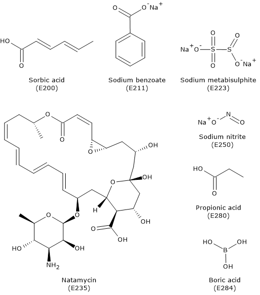 Skeletal formulas of preservatives used in food, such as sorbic acid, sodium benzoate, sodium nitrite, and natamycin.
